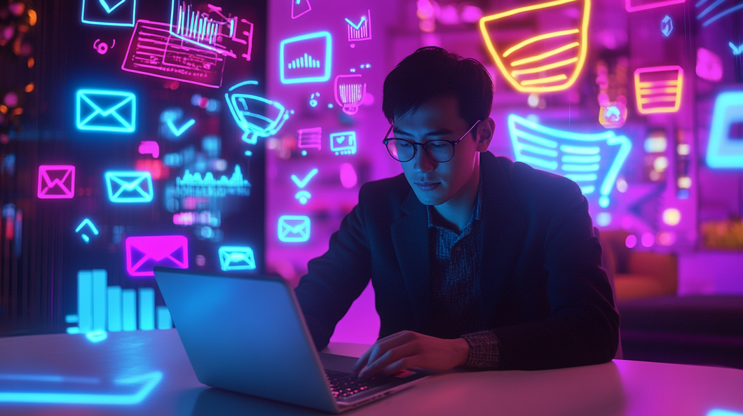 hm0985_a_marketing_expert_working_on_a_laptop_surrounded_by_flo_74ec28c7-0782-4693-a10d-99d415965841.pngのサムネイル画像